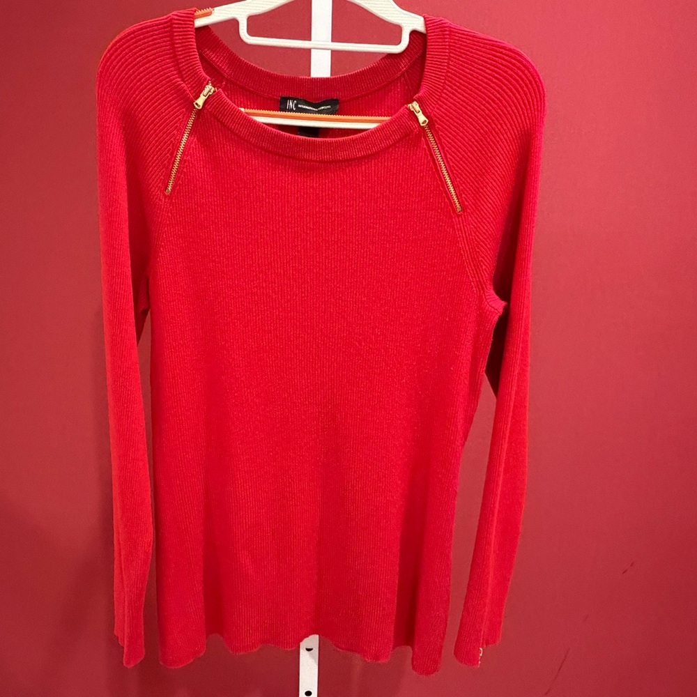 INC International Concepts Red Ribbed Zip-Shoulder Sweater
